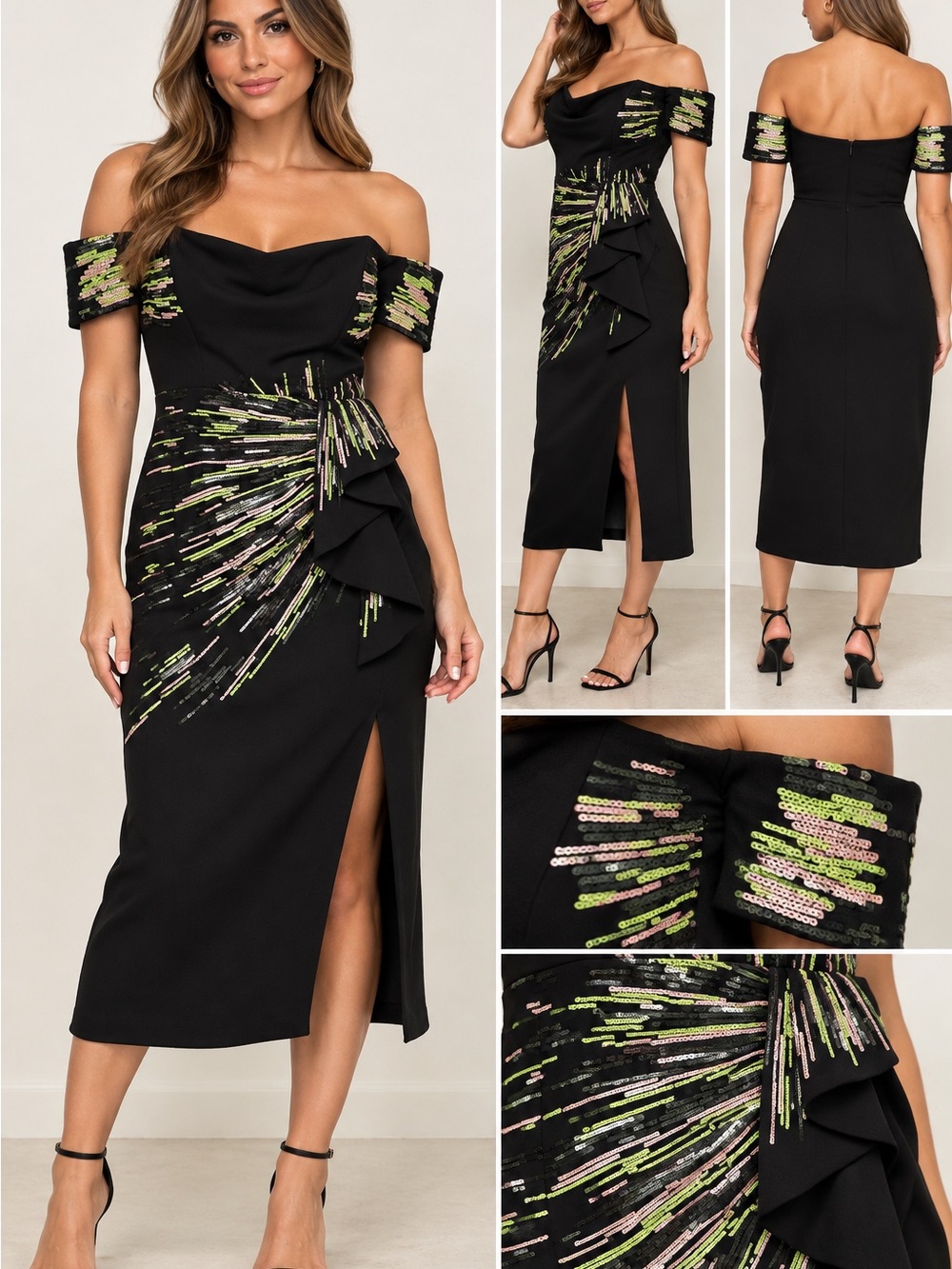 Off-Shoulder Black Sequin Accent Midi Dress